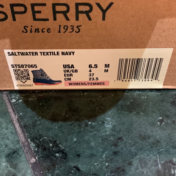 NWT Sperry Saltwater textile navy duck boots with coral bottoms - Picture 5 of 7